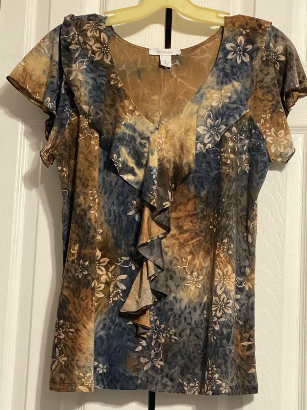 PRETTY Dress Barn floral Blue Brown Animal Print Blouse Top shirt LARGE